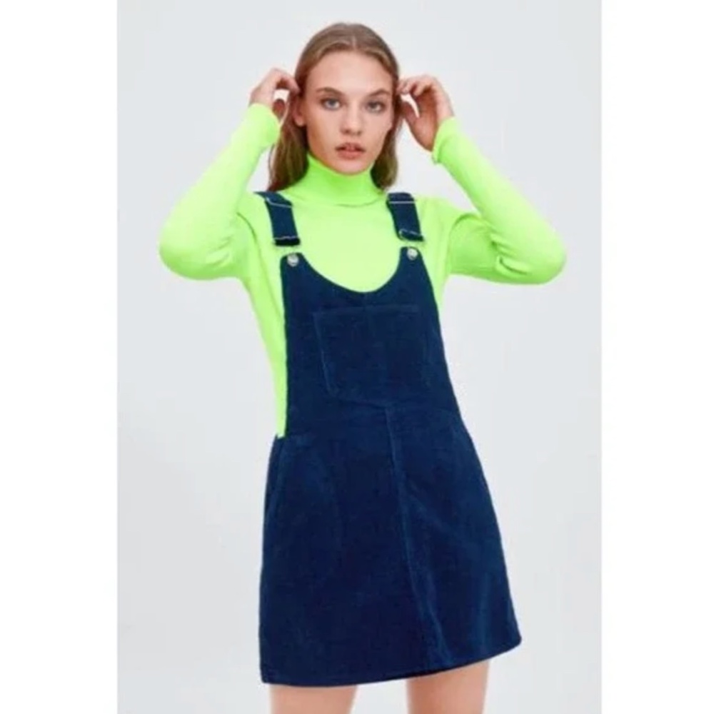 ZARA Women's Navy Blue Corduroy Overall Dress Size M Casual Short Cotton Mini